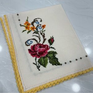 Hand Made Cross Stitch Floral Embroidered Cloth with Yellow Crochet Edge